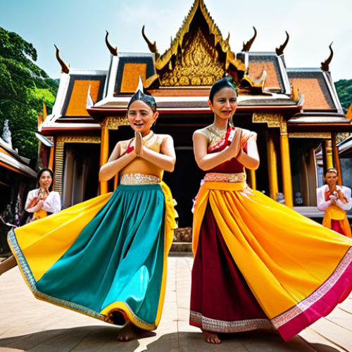 **

"A vibrant street performance in Thailand showcasing traditional Thai dance with performers in colorful costumes, musicians playing traditional instruments like the *phin* and *khlui*, and the backdrop of an ancient temple. Focus on capturing the joy and cultural richness, with emphasis on detailed traditional outfits. Warm color palette."

**