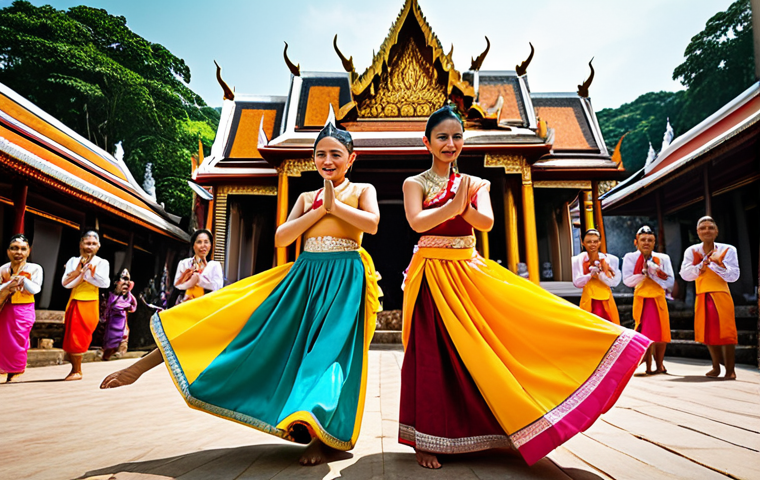 **

"A vibrant street performance in Thailand showcasing traditional Thai dance with performers in colorful costumes, musicians playing traditional instruments like the *phin* and *khlui*, and the backdrop of an ancient temple. Focus on capturing the joy and cultural richness, with emphasis on detailed traditional outfits. Warm color palette."

**