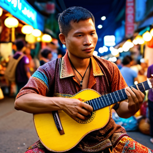 A Thai street musician playing a traditional instrument (e.g., Khim or Phin) in front of a bustling Bangkok night market, dressed in colorful, slightly bohemian clothing. Capture the energy of the street with bokeh lights and blurred passersby.